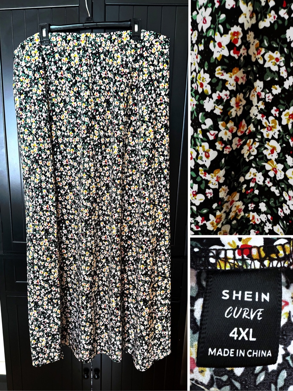SHEIN Curve 4XL Black Ditsy Floral Maxi Skirt Double Front Slit Plus Size